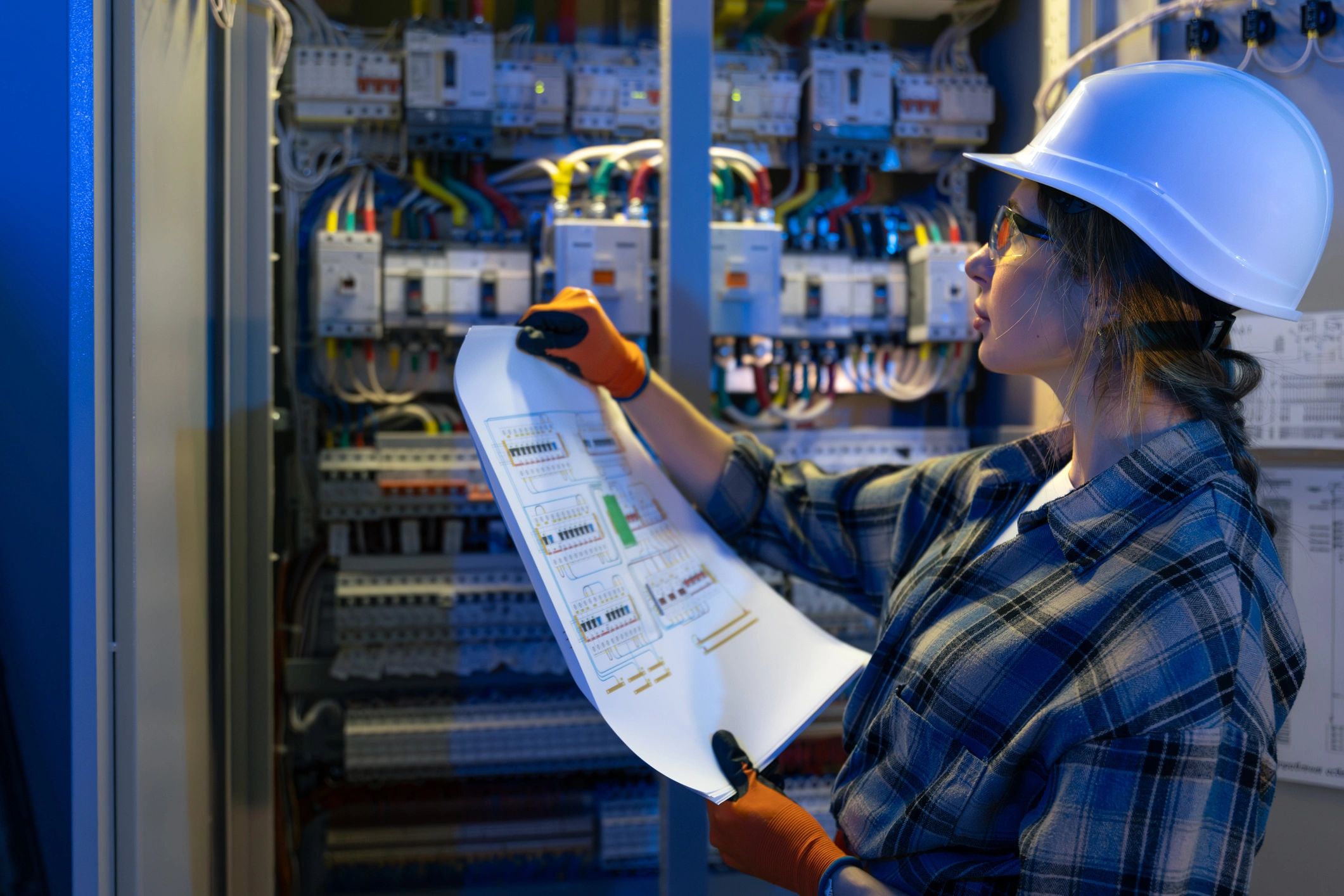 Electrician reviewing electrical plans near power equipment